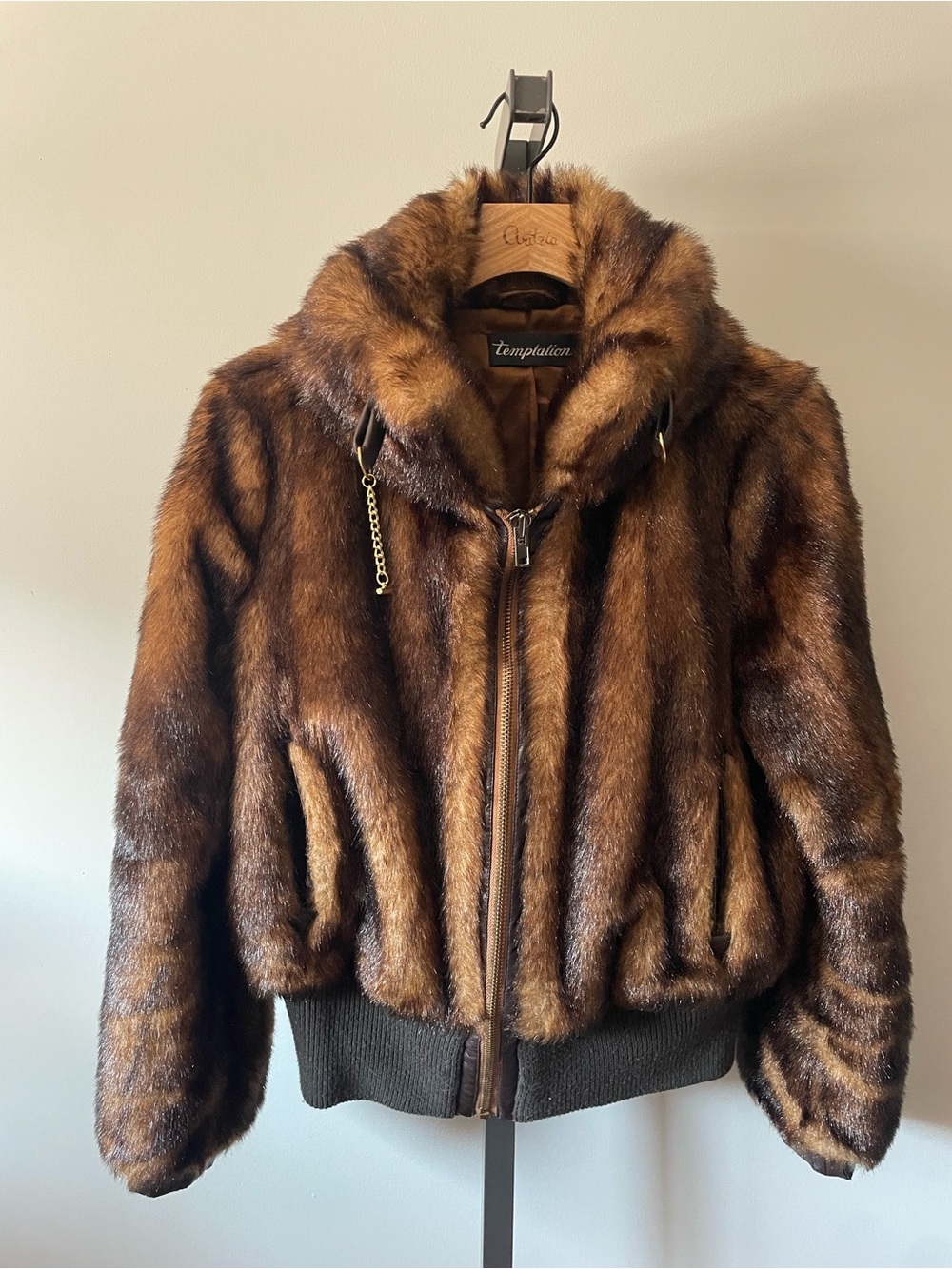 Y2K Vintage Temptation Faux Fur Bomber Jacket Brown AS IS / FLAWED